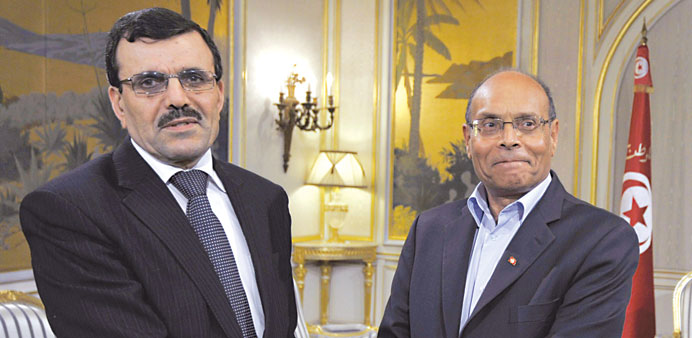 Tunisian President Moncef Marzouki (right) with Tunisian prime  minister designate Ali Larayedh.