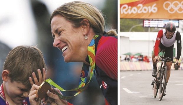 Womenu2019s Individual Time Trial   winner Kristin Armstrong of the USA celebrates with her son in Rio de Janeiro yesterday. Switzerlandu2019s Fabian Cancellara crosses the finish line to take gold in the Menu2019s Individual Time Trial event.