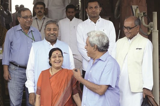 External Affairs Minister Sushma Swaraj arrives at Parliament in New Delhi.