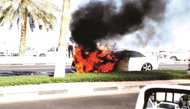 When a car went up in flames on Doha Corniche. File picture, November 4, 2015