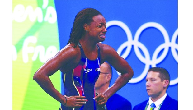 USAu2019s Simone Manuel cries after she won the womenu2019s 100m freestyle final at the Olympic Aquatics Stadium in Rio de Janeiro.