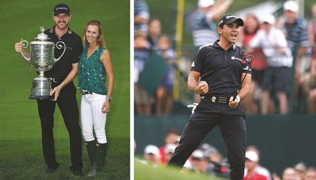 Jimmy Walker (L) of the United States celebrates with the Wanamaker Trophy alongside his wife, Erin, after winning the 2016 PGA Championship at Baltusrol Golf Club in Springfield, New Jersey.  Jason Day reacts to making an eagle putt on the 18th hole during the final round of the 2016 PGA Championship golf tournament at Baltusrol on Sunday. PICTURE: Brian Spurlock-USA TODAY Sports