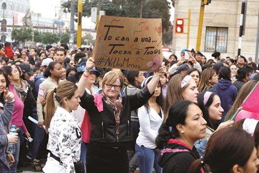 Peruu2019s First Lady Nancy Lange takes part in a protest against violence against women in Lima on Saturday.
