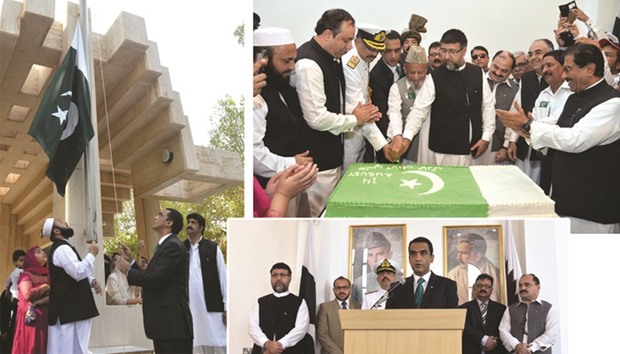 Deputy Head of Mission Wajid Hassan Hashmi hoisting the national flag. Pakistan embassy officials cutting the cake to mark the occasion. Deputy Head of Mission Wajid Hassan Hashmi addressing the gathering. PICTURES: Noushad Thekkayil
