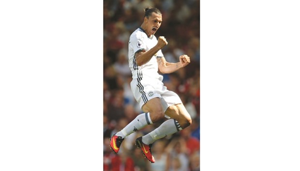 Manchester Unitedu2019s Zlatan Ibrahimovic celebrates scoring their third goal against AFC Bournemouth during their Premier League clash.