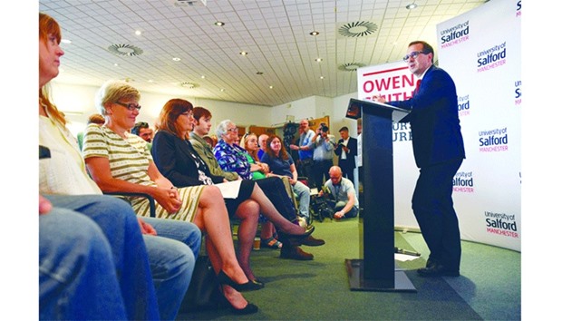 British opposition Labour Party leadership contender Owen Smith delivers a speech on the National Health Service at The University of Salford.