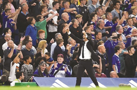 Chelsea manager Antonio Conte celebrates after his teamu2019s EPL game against West Ham United at Stamford Bridge.