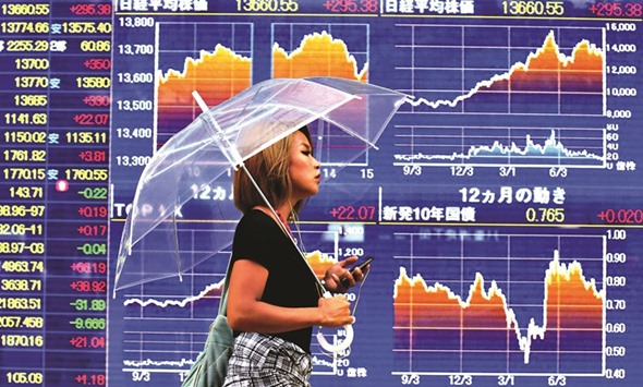 A woman walks past an electronic monitor displaying graphs of Japanu2019s various stock indices outside a securities firm in Tokyo (file). Japanese shares tumbled 1.6% to 16,486.01 yesterday as the stronger yen, a negative for exporters as it tends to dent their profits, hit companies such as Toyota and Nissan.
