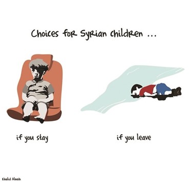 An artist from Doha has tweeted this powerful cartoon showing  Aylan Kurdi and Omran Daqneesh, side by side, with his text saying, u201cChoices for Syrian childrenu201d.