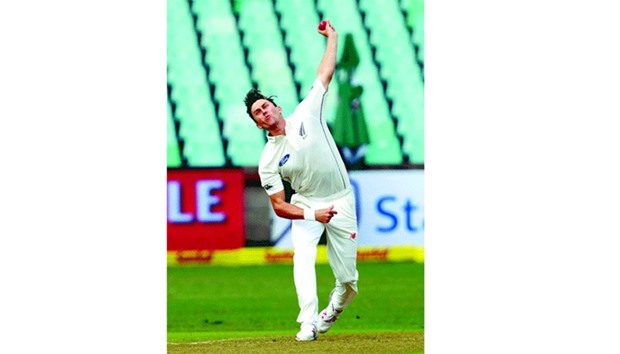 New Zealandu2019s Trent Boult bowls during the first cricket Test match against South Africa in Durban yesterday.