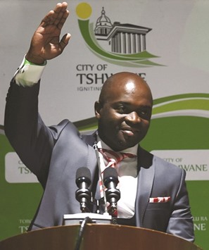 Msimanga waves to his supporters after being officially installed as the new mayor for the City of Tshwane (Pretoria).
