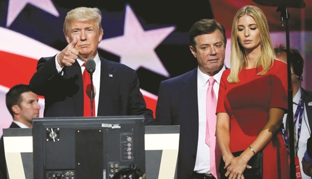 Donald Trump giving a thumbs up as his campaign manager Paul Manafort and daughter Ivanka look on during Trumpu2019s walk through at the Republican National Convention in Cleveland last month.