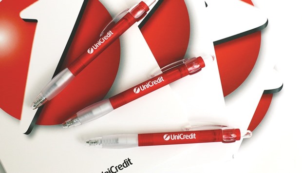 Unicreditu2019s logo is seen at its headquarters in Milan. Shares in the company yesterday fell sharply, even triggering a temporary suspension, before closing 9.4% down at u20ac1.986.