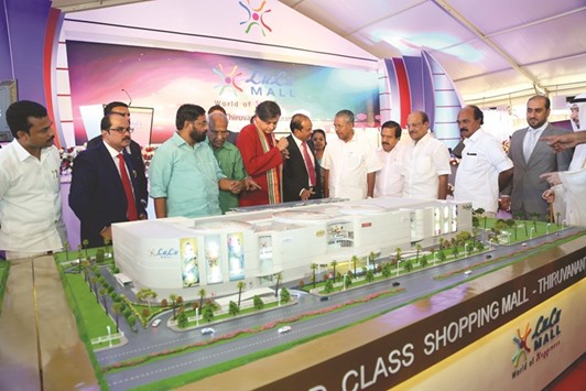 Yusuff Ali briefs dignitaries, including UAE consul-general Jamal Husein Al Zaabi, after unveiling a replica of the new mall in Thiruvananthapuram yesterday.