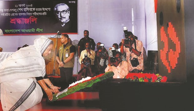 Prime Minister Sheikh Hasina yesterday placed a floral wreath at a memorial built in front of the central office of the ruling Awami League at Bangabandhu Avenue in Dhaka, the site of the August 21 grenade attack in 2004.
