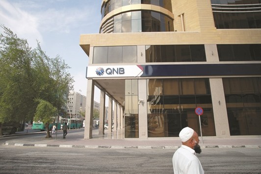 Pedestrians pass a QNB branch in Doha. Qatar outperformed Gulf bourses, falling only 0.3% because of a 1.3% rise by QNB to 154.50 riyals, its highest close since last November.