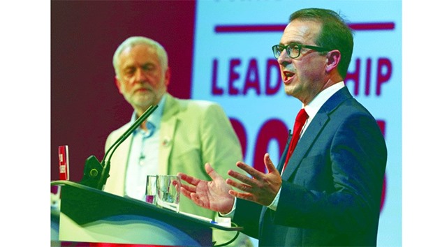 Britainu2019s opposition Labour Party leader Jeremy Corbyn and leadership candidate Owen Smith.