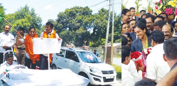 Gymnast Dipa Karmakar waves the national flag after arriving in Agartala yesterday. RIGHT: Olympian P V Sindhu being welcomed at the Rajiv Gandhi International Airport in Hyderabad.
