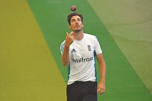 England cricketer Steven Finn prepares to bowl in the nets during an indoor practice session at Edgbaston yesterday.