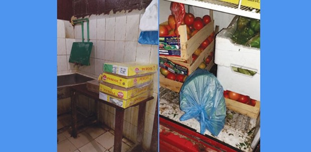 Unhygienic conditions at a food outlet. Right: Improper storage conditions.