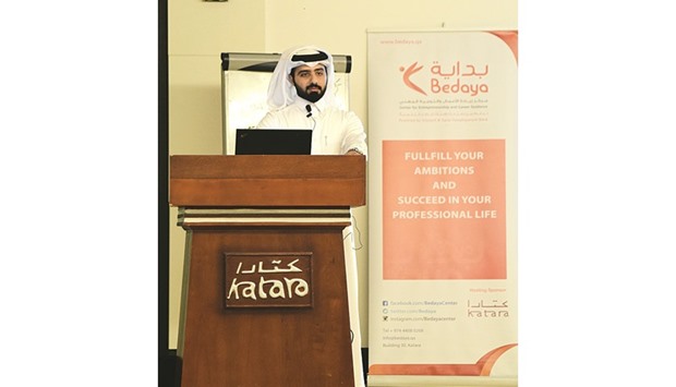 Bedaya Centre entrepreneurship adviser Mahmood al-Mahmood speaking during the workshop.