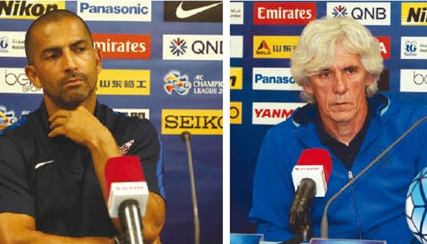 El Jaish coach Sabri Lamouchi (L) and Al Nasr coach Ivan Giovanovits during the pre-match press conference yesterday ahead of their AFC Champions League quarterfinal tie. PICTURES: Anas Khalid