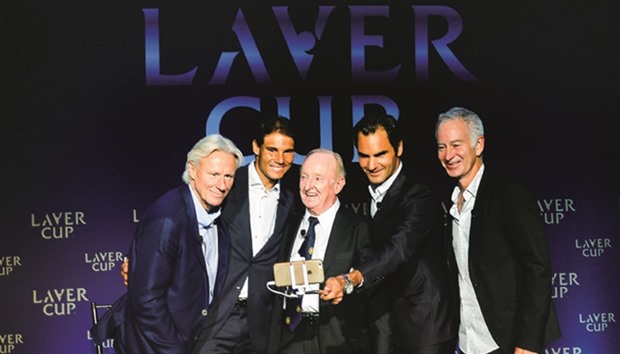 (From left to right) Bjorn Borg, Rafael Nadal, Rod Laver, Roger Federer and John McEnroe pose for a photo during a Laver Cup press conference in New York City yesterday. (AFP)