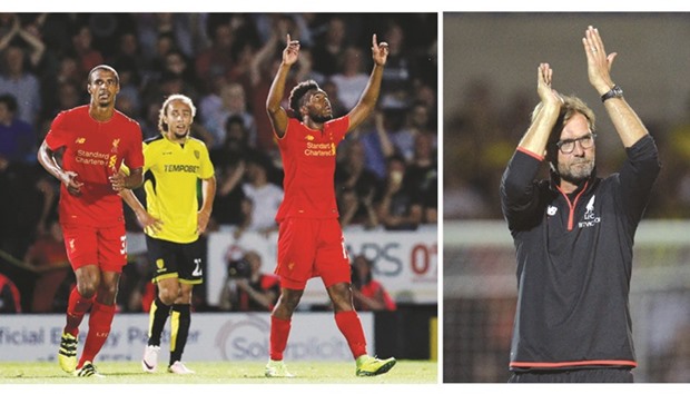 Liverpoolu2019s Daniel Sturridge celebrates scoring their fifth goal against Burton Albion during the second round of the League Cup. (Right) Liverpool manager Jurgen Klopp.