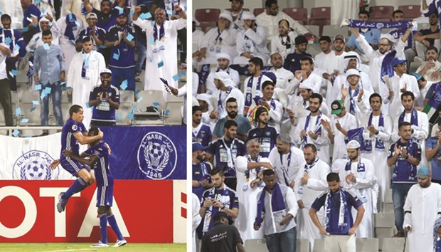 Al Nasr forward Wanderley (L) celebrates his opening goal with teammate Jonathan Pitroipa during their Asian Champions League quarter-final first leg match against Qataru2019s El-Jaish at Abdullah bin Khalifa Stadium in Doha yesterday. (R) Visiting Al Nasr supporters from the UAE cheer their team at the Lekhwiya Stadium yesterday. PICTURE: Noushad Thekkayil