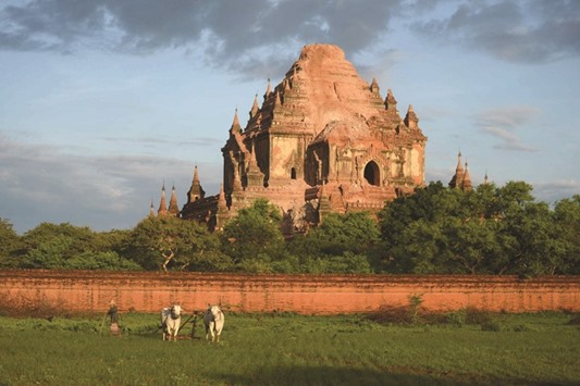 A farmer works in the field near the damaged ancient pagoda of Sulamani after a 6.8 magnitude earthquake hit Bagan.