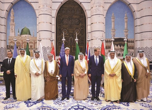 (Left to right) UN special envoy to Yemen Ismail Ould Cheikh Ahmed, Kuwaitu2019s Foreign Minister Sheikh Sabah al-Khaled al-Sabah, Qataru2019s Foreign Minister HE Sheikh Mohamed bin Abdulrahman al-Thani, Omanu2019s Foreign Minister Yusuf bin Alawi, US Secretary of State John Kerry,  Saudi Foreign Minister Adel al-Jubair, Britainu2019s Foreign Office junior minister Tobias Ellwood, UAE Foreign Minister Abdullah bin Zayed al-Nahyan, GCC Secretary General Abdullatif bin Rashid al-Zayani, and Bahraini Undersecretary of Regional and GCC Affairs Waheed Sayyar pose for a picture following a meeting in Jeddah yesterday. Kerry announced a fresh international peace initiative for Yemen aimed at forming a unity government to resolve its 17-month-old conflict.