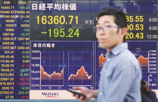 A man walks past an electronic quotation board in Tokyo. The Nikkei 225 closed down 1.2% to 16,360.71 points yesterday.