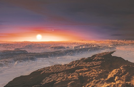 An artistu2019s impression of a view of the surface of the planet Proxima b orbiting the red dwarf star Proxima Centauri, the closest star to the solar system.