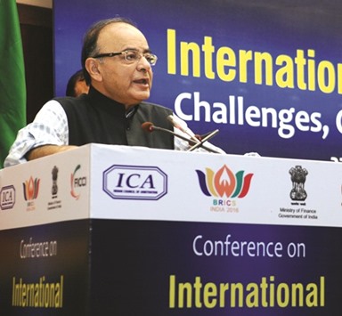 Indian Finance Minister Arun Jaitley addresses a conference on International Arbitration in Brics in New Delhi yesterday. Jaitley said that a credible dispute resolution mechanism has to be absolutely fair and detached from local influence.