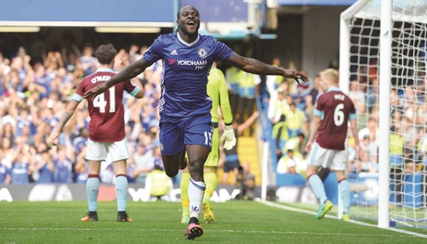 Chelseau2019s Nigerian midfielder Victor Moses celebrates after scoring against Burnley at Stamford Bridge in London yesterday.