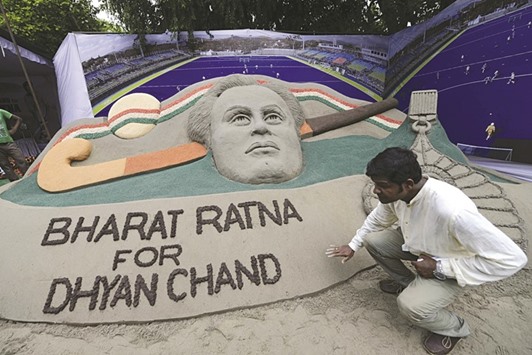 Renowned sand artist Sudarshan Patnaiku2019s creation at Jantar Mantar in New Delhi urges the federal government to award the Bharat Ratna to hockey legend Dhyan Chand.