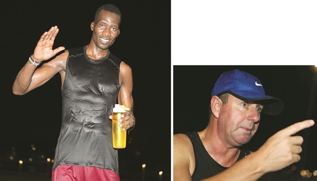 (Left) Kenyau2019s Michael Douglas Ongeri, who works as a security guard, poses for a photograph after a training session at Dohau2019s Aspire Park. (Right) John Nuttall, who founded and runs Doha Athletics Club along with his wife, former athlete Liz McColgan, helps Ongeri train twice a week. (AFP)