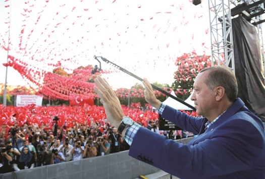 President Recep Tayyip Erdogan waving during the rally in Gaziantep yesterday.