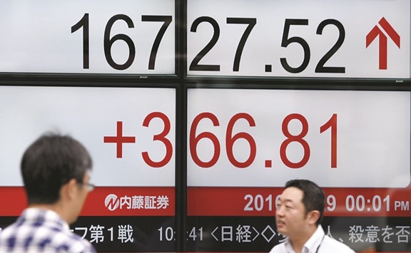 People walk past an electronic quotation board in Tokyo. The Nikkei 225 closed up 2.3% to 16,737.49 points yesterday.