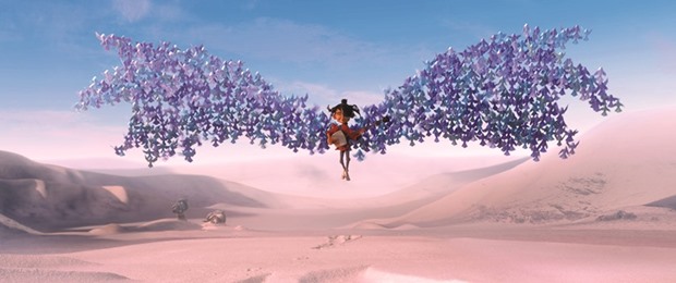 Kubo is swept up by origami wings in Kubo and the Two Strings.