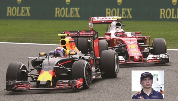 Red Bullu2019s Max Verstappen (also inset) and Ferrariu2019s Kimi Raikkonen drive during the Belgian Grand Prix at the Spa-Francorchamps circuit in Belgium on Sunday. (Reuters)