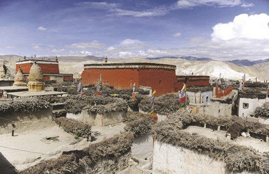 A view of the walled city monastery and stupa of Lo Manthang in Upper Mustang.