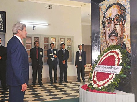US Secretary of State John Kerry pays tributes to Bangladeshu2019s founding father Sheikh Mujibur Rahman at Bangabandhu Bhaban museum in Dhaka yesterday.