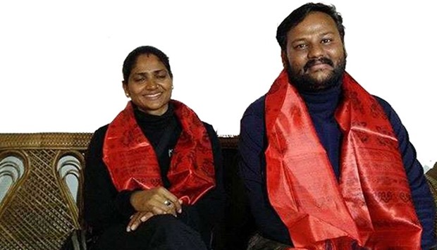 Dinesh (R) and Tarakeshwari Rathod, both police constables, said they reached the top of the world's highest mountain on May 23