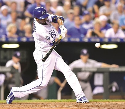Kansas City Royals Alcides Escobar connects on a three-run home run in the seventh inning against the New York Yankees at Kauffman Stadium in Kansas City. PICTURE: John Sleezer/Kansas City Star/TNS
