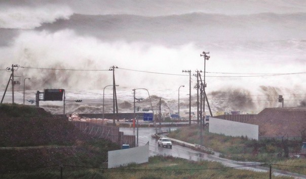 High waves triggered by typhoon Lionrock hit the coast of the city of Ishinomaki, Miyagi Prefecture, Japan.