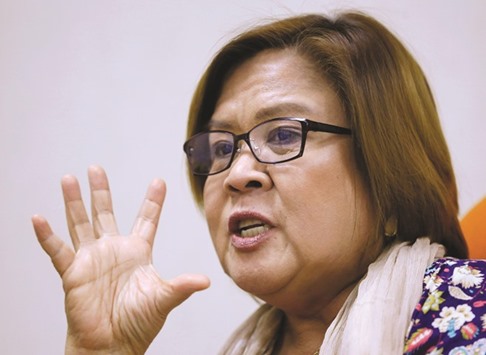 Senator Leila de Lima gestures during a Reuters interview at the Senate building in Pasay city, Metro Manila.