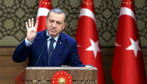 President Tayyip Erdogan addresses a meeting at the Presidential Palace in Ankara on Thursday.
