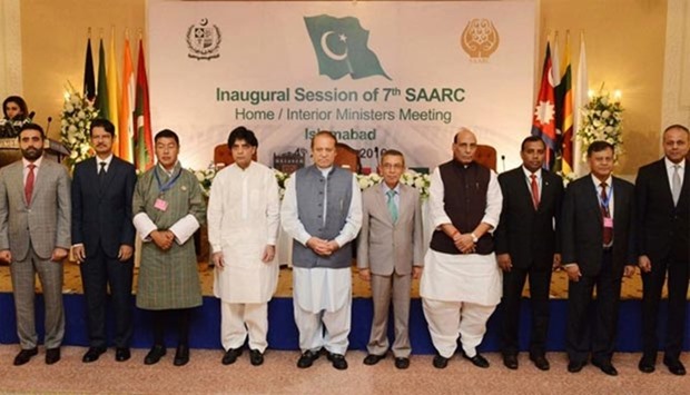 Pakistan's Prime Minister Nawaz Sharif poses for a group photograph with delegates after the inauguration of the SAARC minister's conference in Islamabad on Thursday.