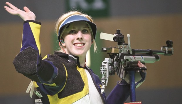 Virginia Thrasher of USA reacts after winning the gold in the womenu2019s 10m air rifle event.